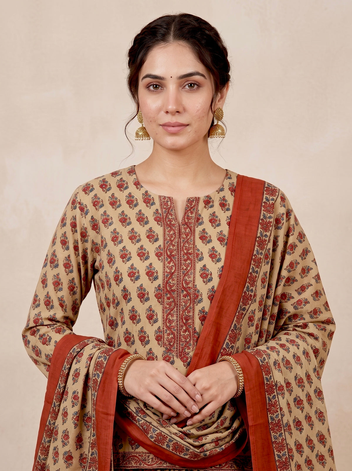 Beige Floral Printed Cotton Top & Skirt Set