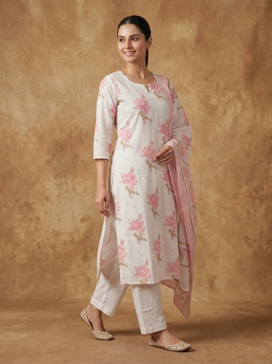 White Pink Lotus Print Cotton Kurta Set for Women – Straight Suit with Dupatta