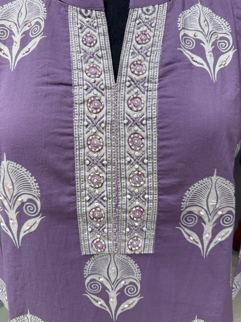 Lavender Block Print Cotton Kurta Set for Women – Straight Suit with Dupatta