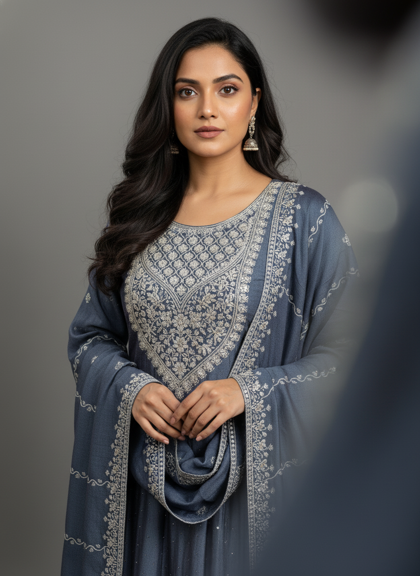 Aqua Grey Viscose Anarkali Suit Set with Sequin and Thread Work