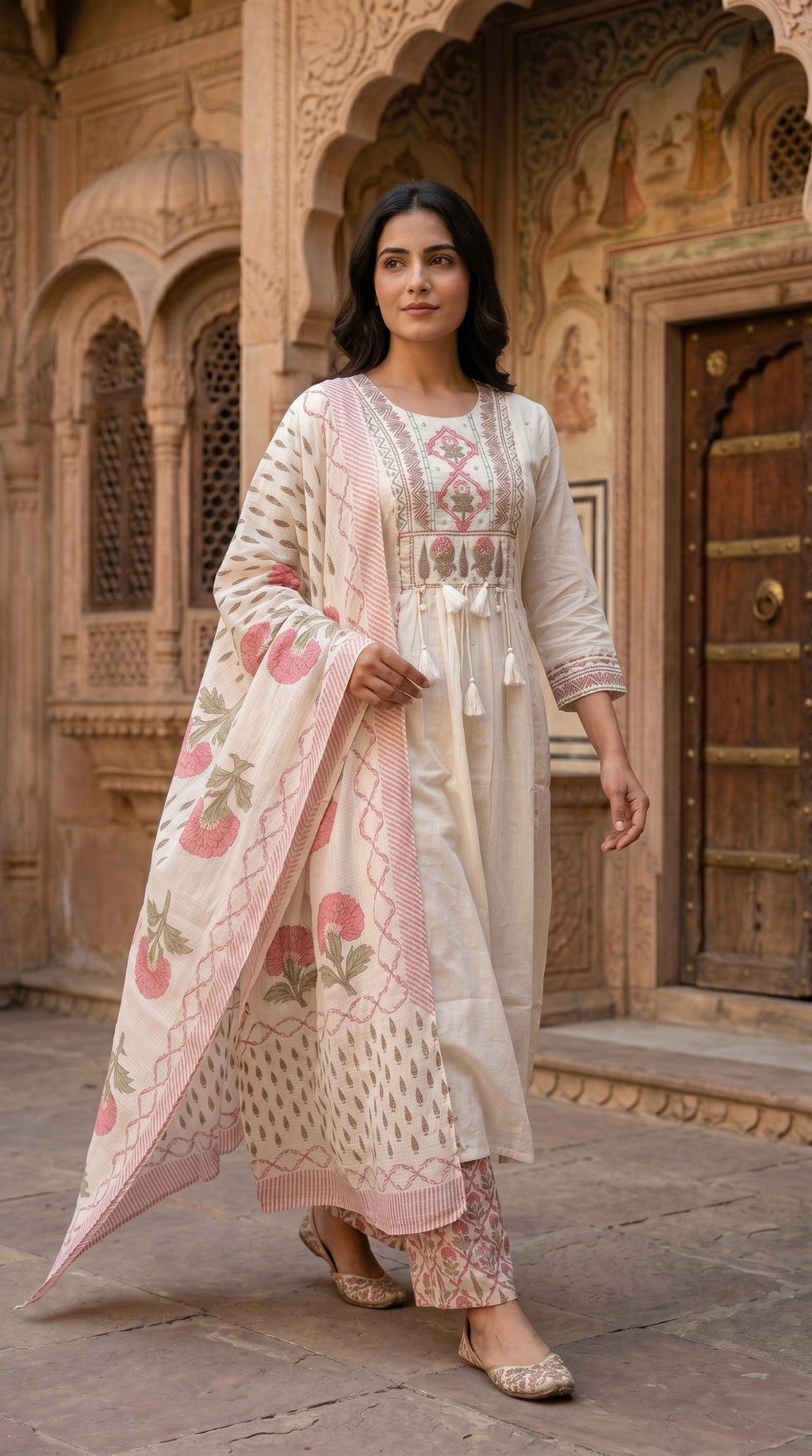 Ivory & Pink Floral Embroidered With  Block Print Cotton Kurta Set for Women – A-Line