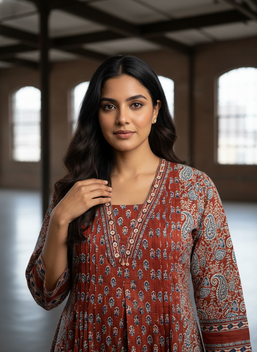 Rust and Indigo Ajrakh Cotton Kurta Set for Women – Block Print Ethnic Suit