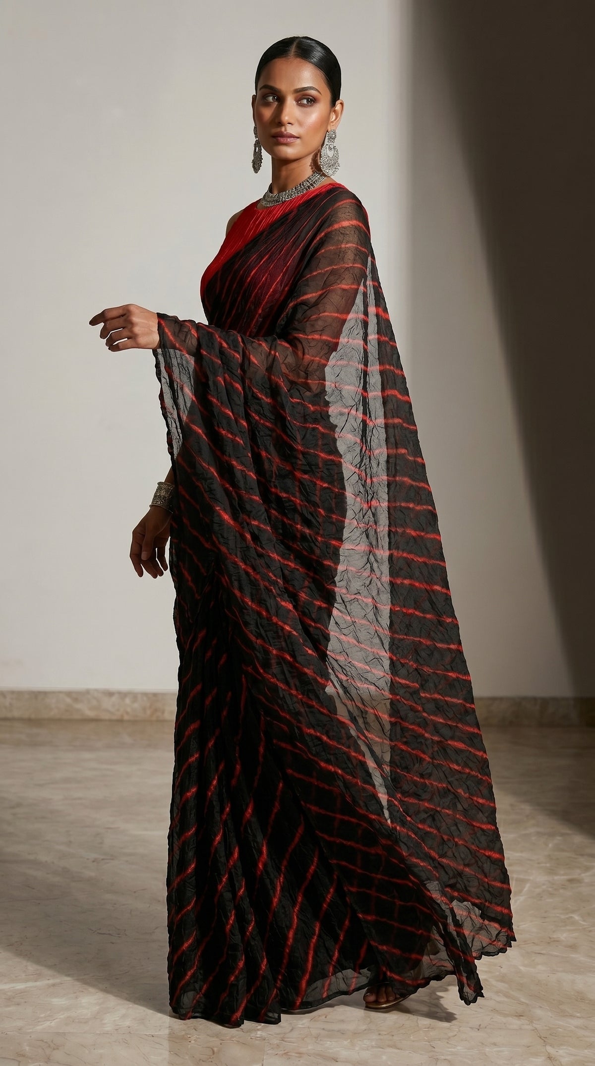 Black & Red Leheriya Georgette Saree with Blouse Piece