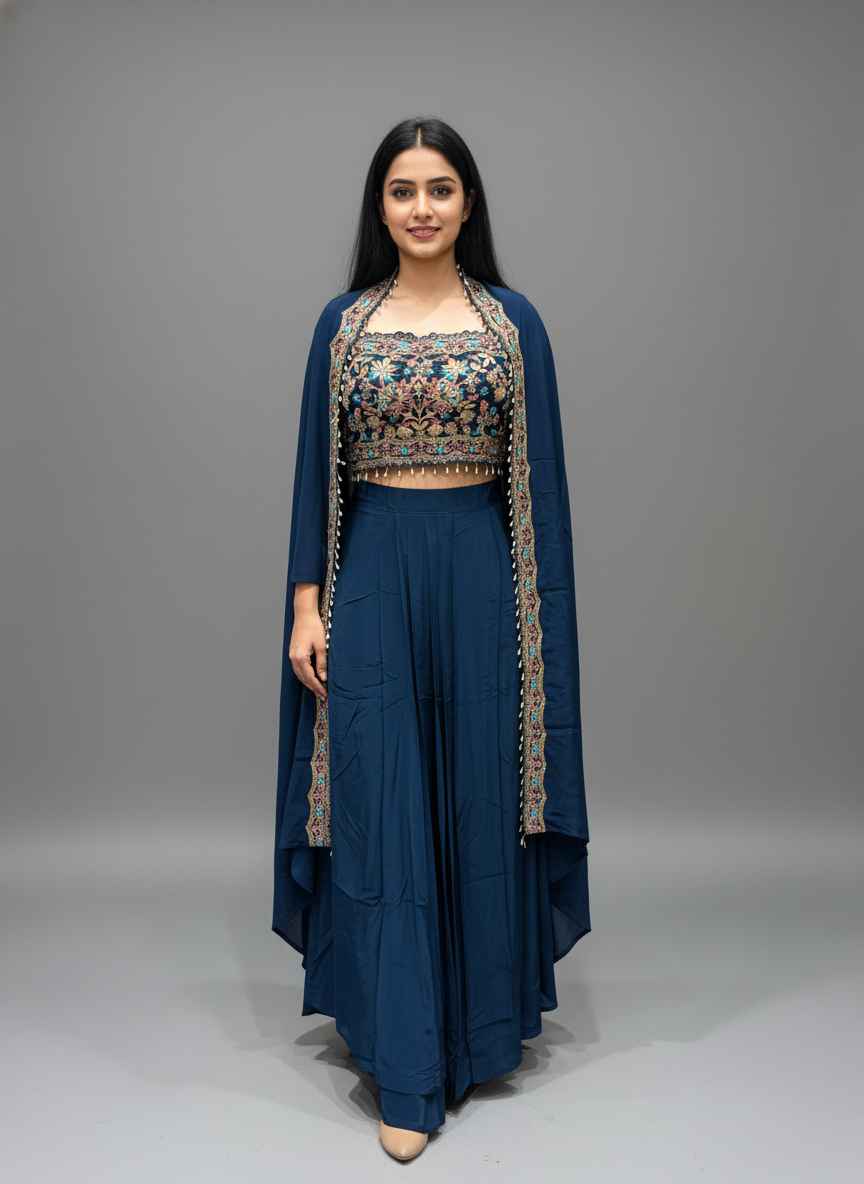 Powder Blue Crepe Skirt Set with Embroidered Cape – Festive Indo-Western