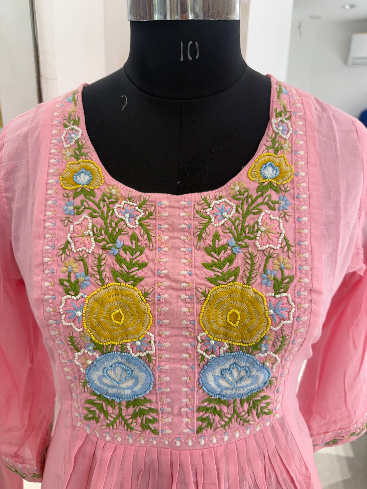 Blush Pink Floral Embroidered Mal Cotton A-Line Suit Set
