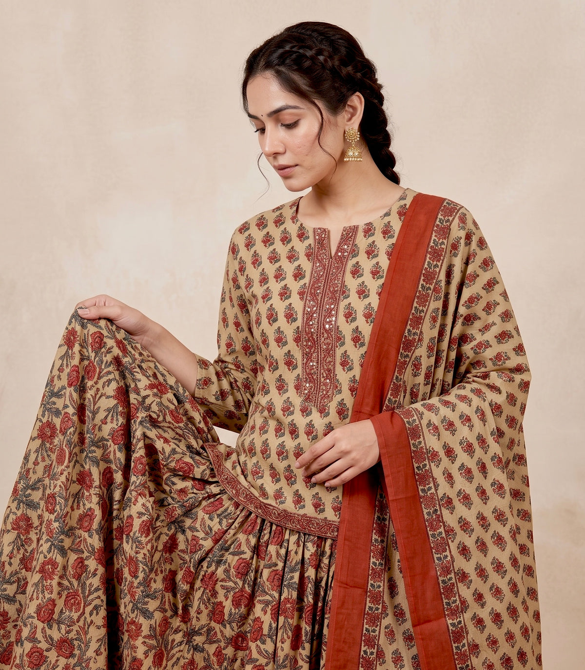 Beige Floral Printed Cotton Top & Skirt Set