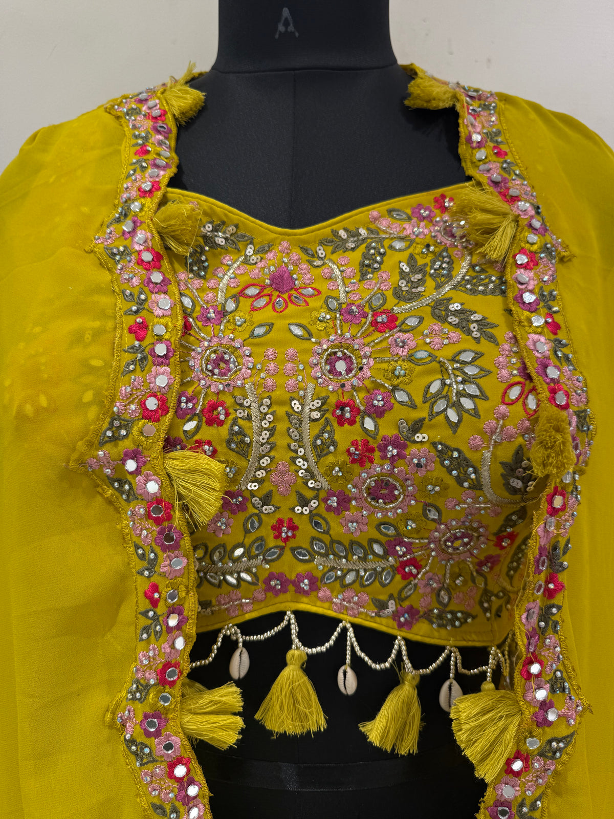Mustard Yellow Georgette Lehenga Set with Floral Embroidered Cape – Haldi & Mehendi