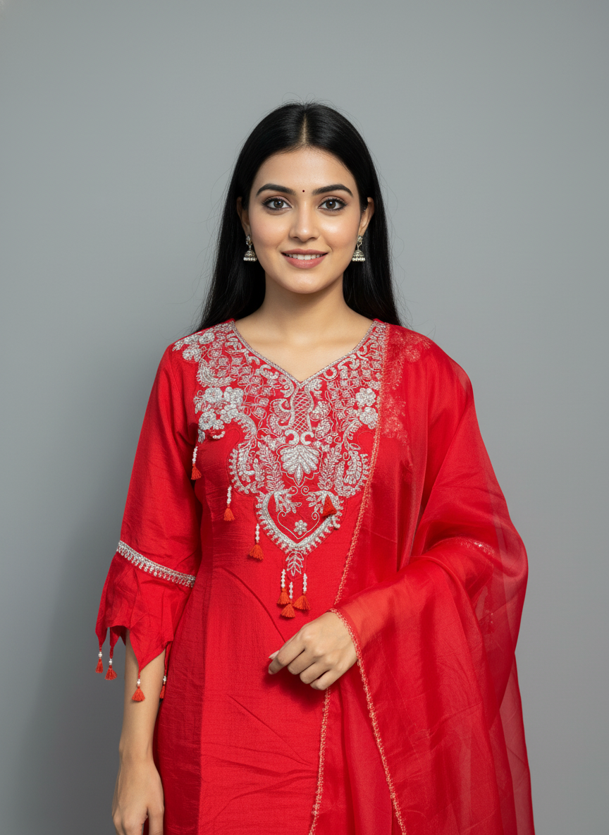 Ruby Red Embroidered Kurta and Pant Set with Organza Dupatta