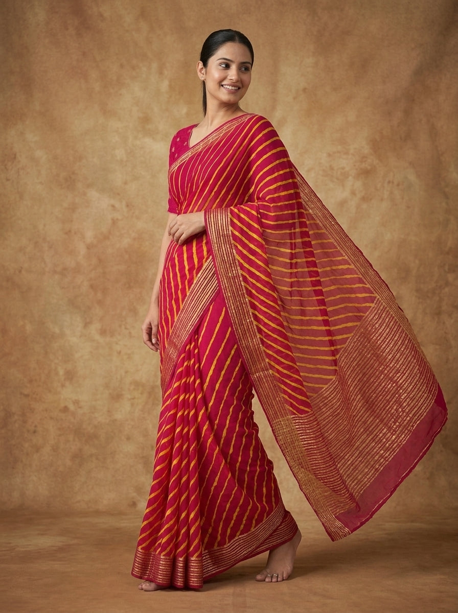 Rani Pink Leheriya Modal Silk Saree for Women with Zari Border & Blouse Piece