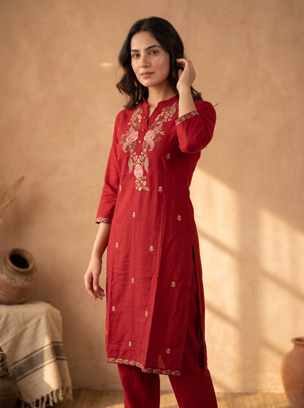 Red Floral Embroidered Linen Cotton Kurta Pant Set