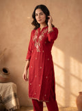 Red Floral Embroidered Linen Cotton Kurta Pant Set