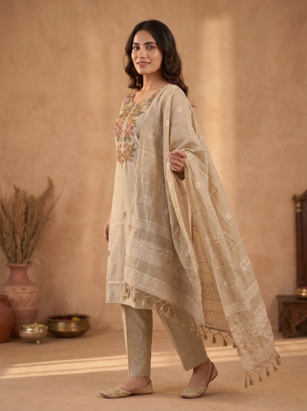 Beige Floral Embroidered Pure Linen Kurta Set with Dupatta