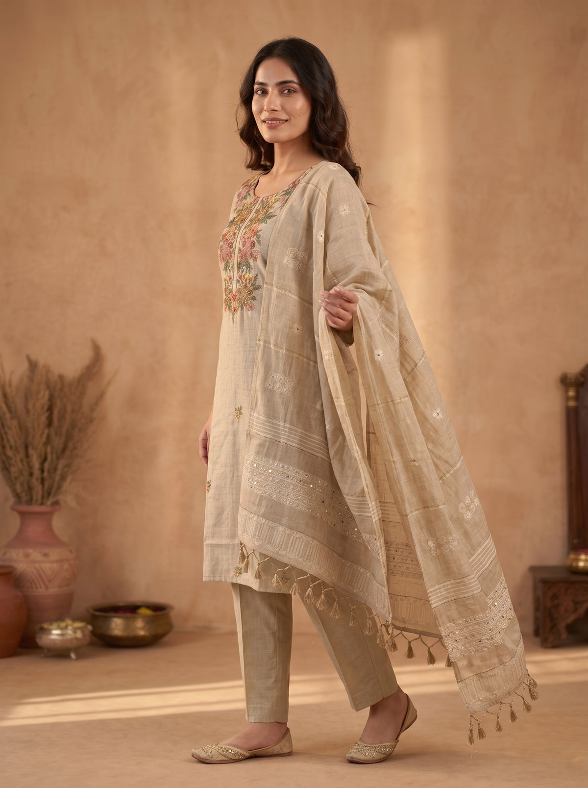 Beige Floral Embroidered Pure Linen Kurta Set with Dupatta
