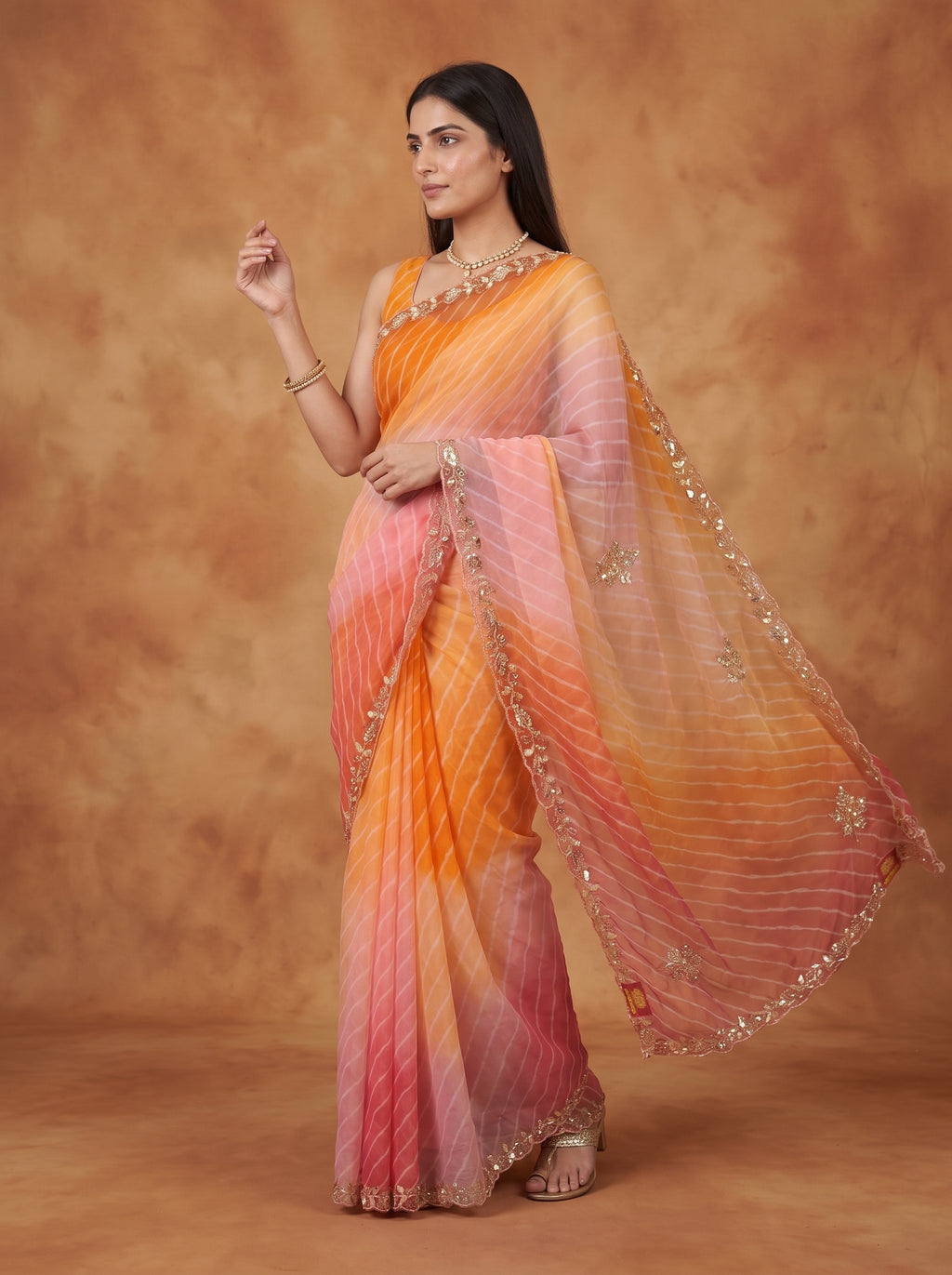 Orange & Peach Ombre Leheriya Georgette Saree with Kat Dana Work & Blouse Piece