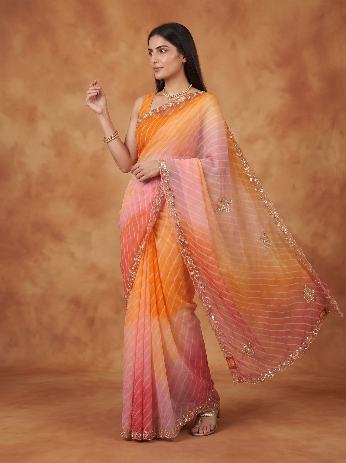 Orange & Peach Ombre Leheriya Georgette Saree with Kat Dana Work & Blouse Piece