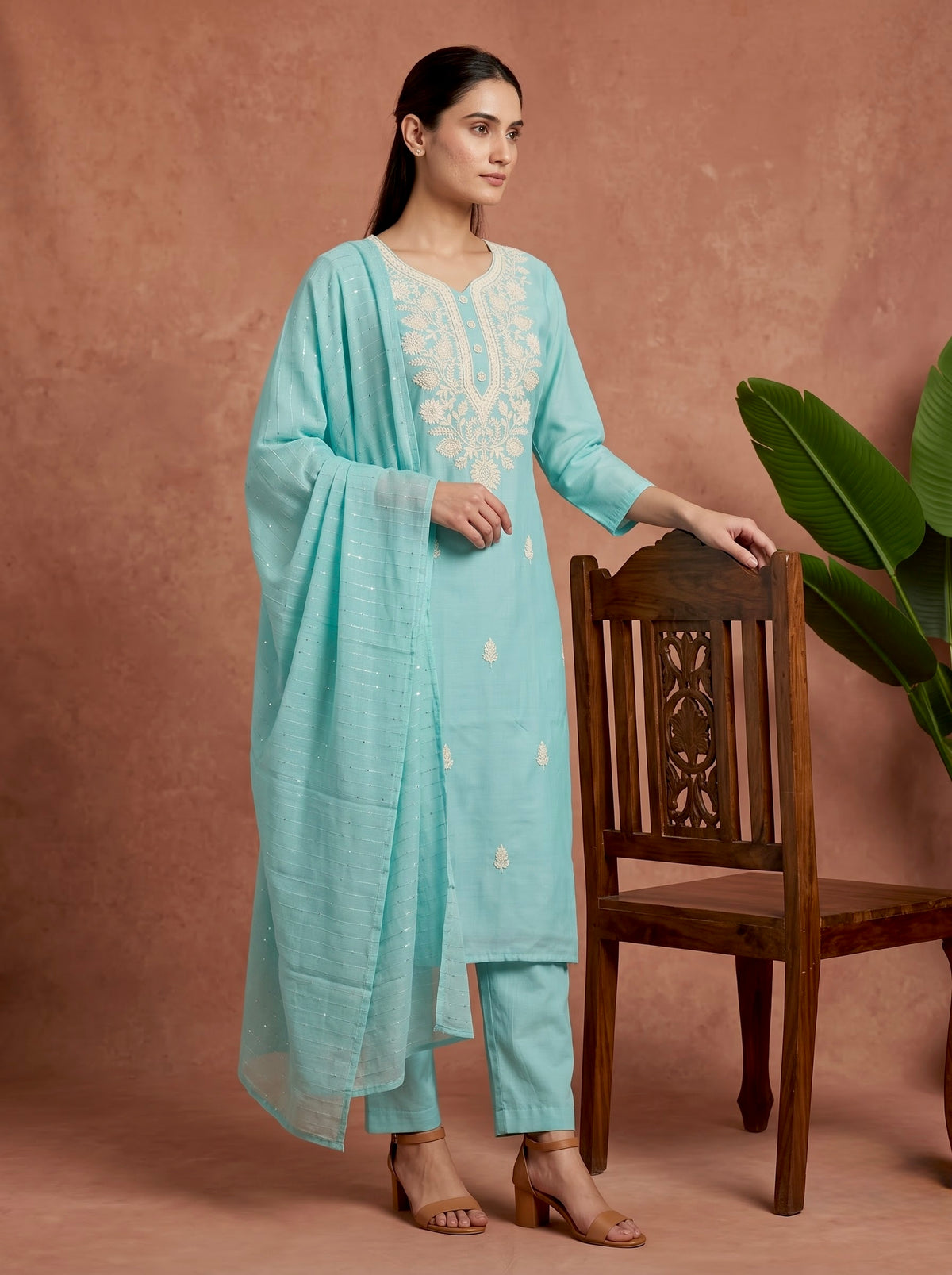 Sky Blue Chikankari Embroidered Slub Cotton Kurta Set