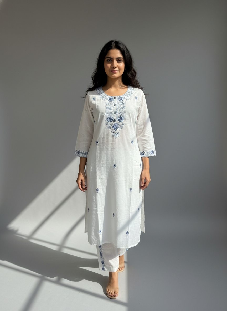 White Chikankari Cotton Kurta Set for Women – Embroidered Daily Wear Suit