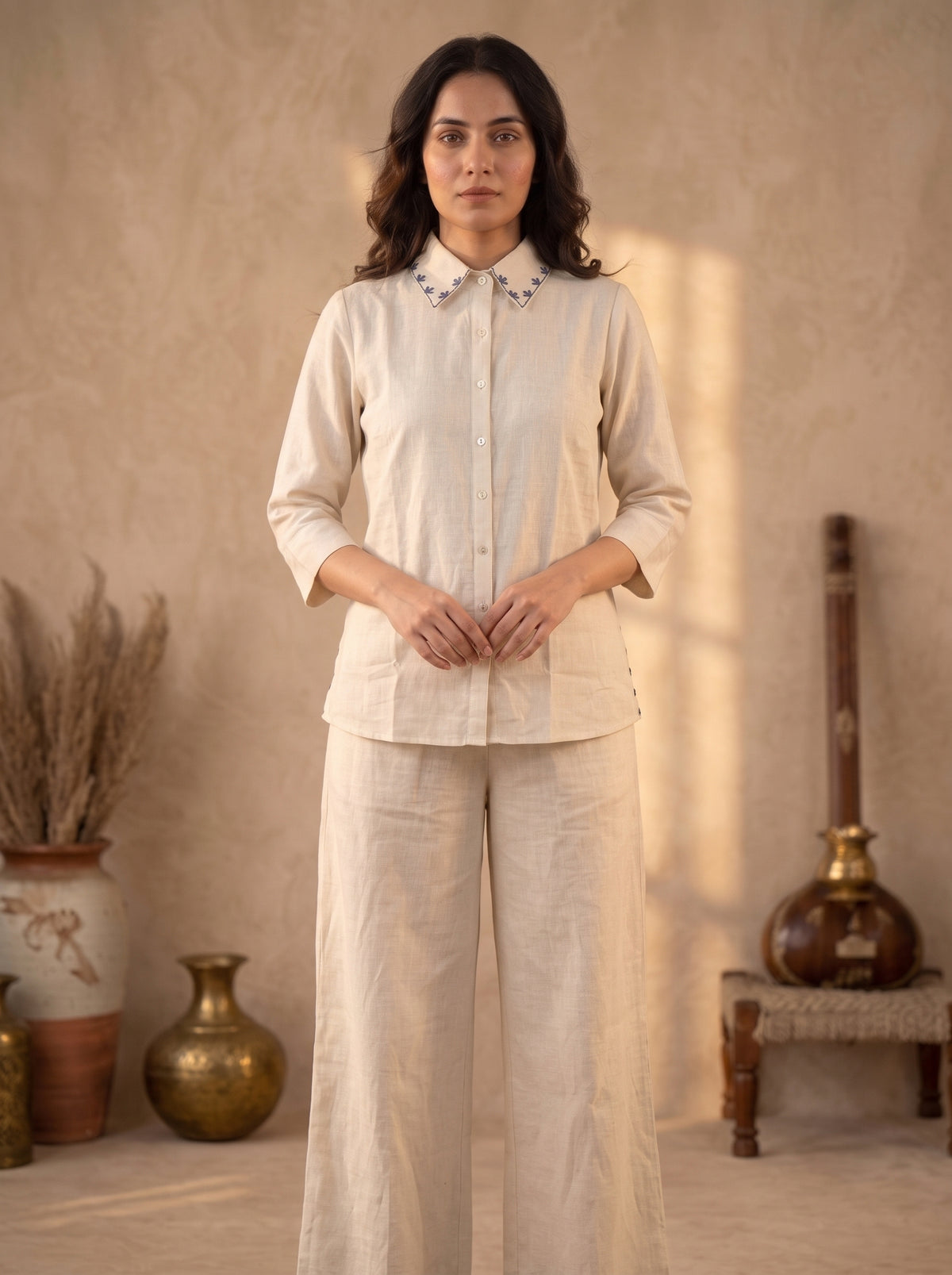 Ivory Cotton Linen Co-ord Set with Floral Appliqué