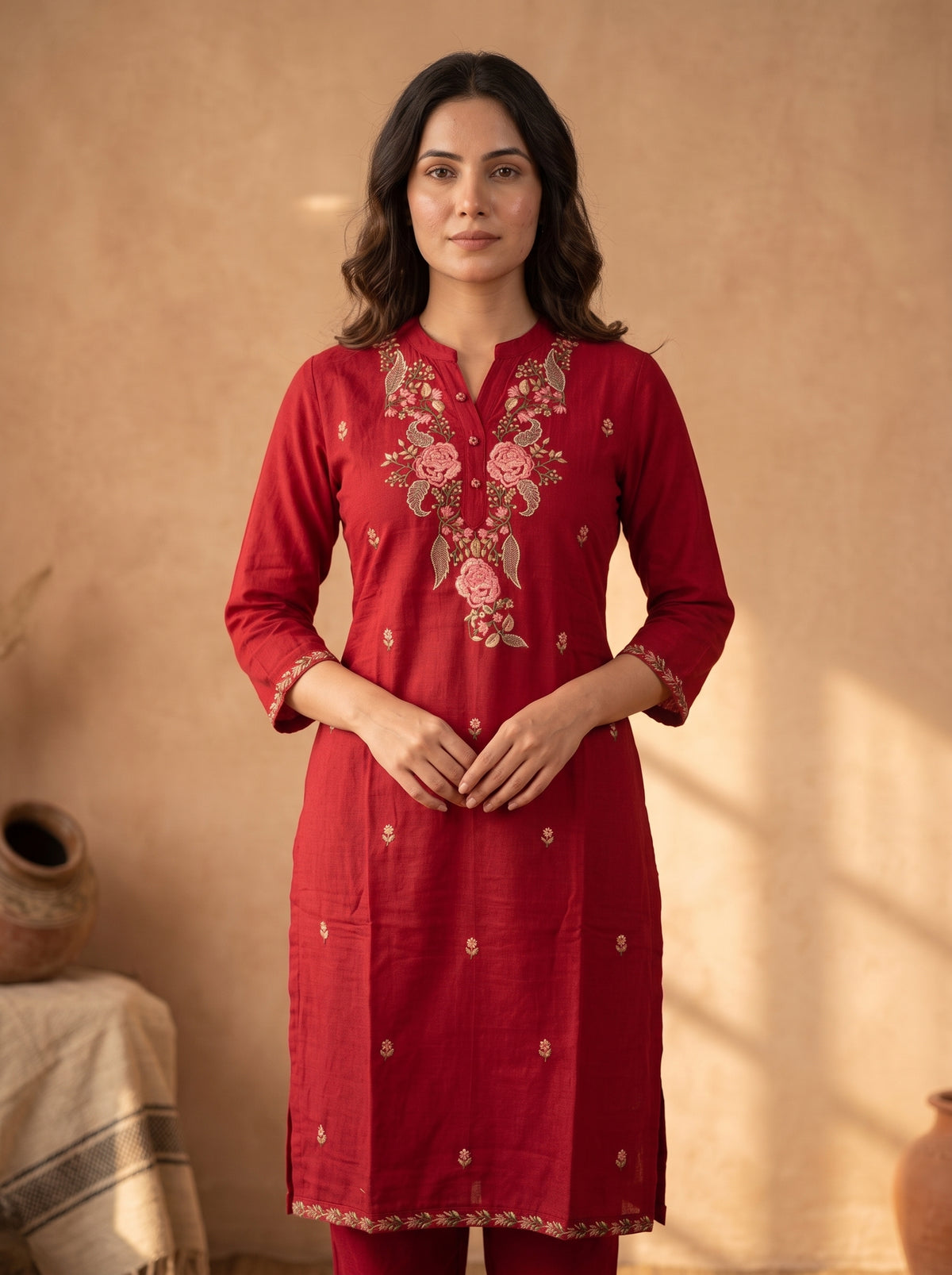 Red Floral Embroidered Linen Cotton Kurta Pant Set