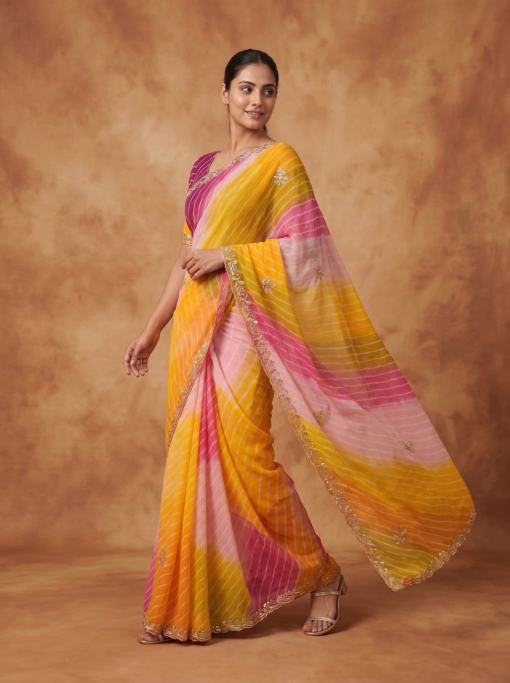 Pink Yellow & Magenta Leheriya Georgette Saree with Kat Dana Work & Blouse Piece