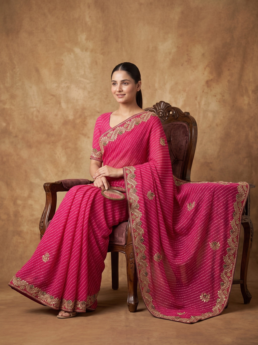 Rani Pink  Leheriya Georgette Saree with Gold Embroidered Border & Blouse Piece