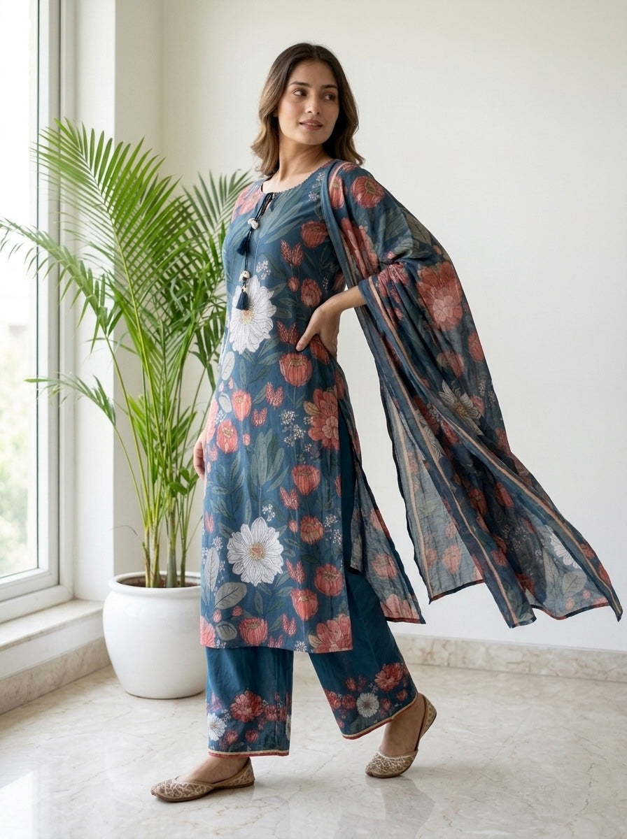 Blue Floral Print Cotton Kurta Pant Set with Dupatta
