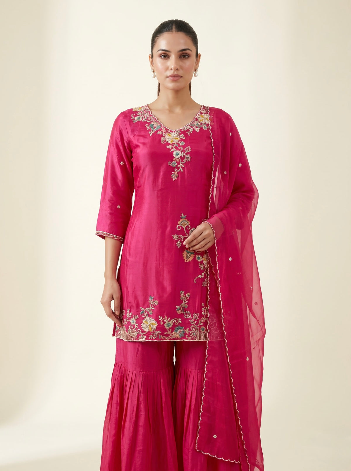 Rani Pink Pure Georgette Silk Sharara Set with Zardozi Embroidery & Organza Dupatta