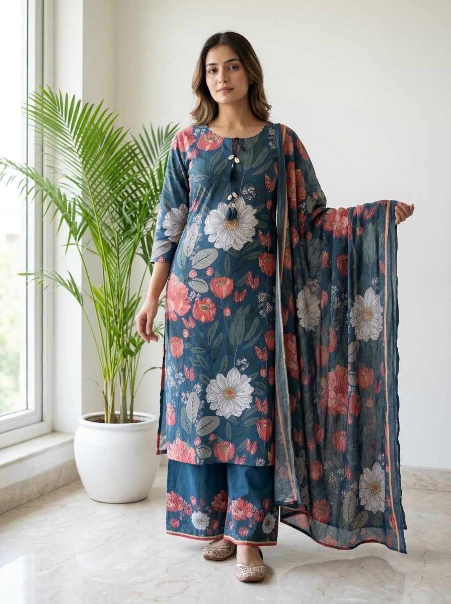Blue Floral Print Cotton Kurta Pant Set with Dupatta
