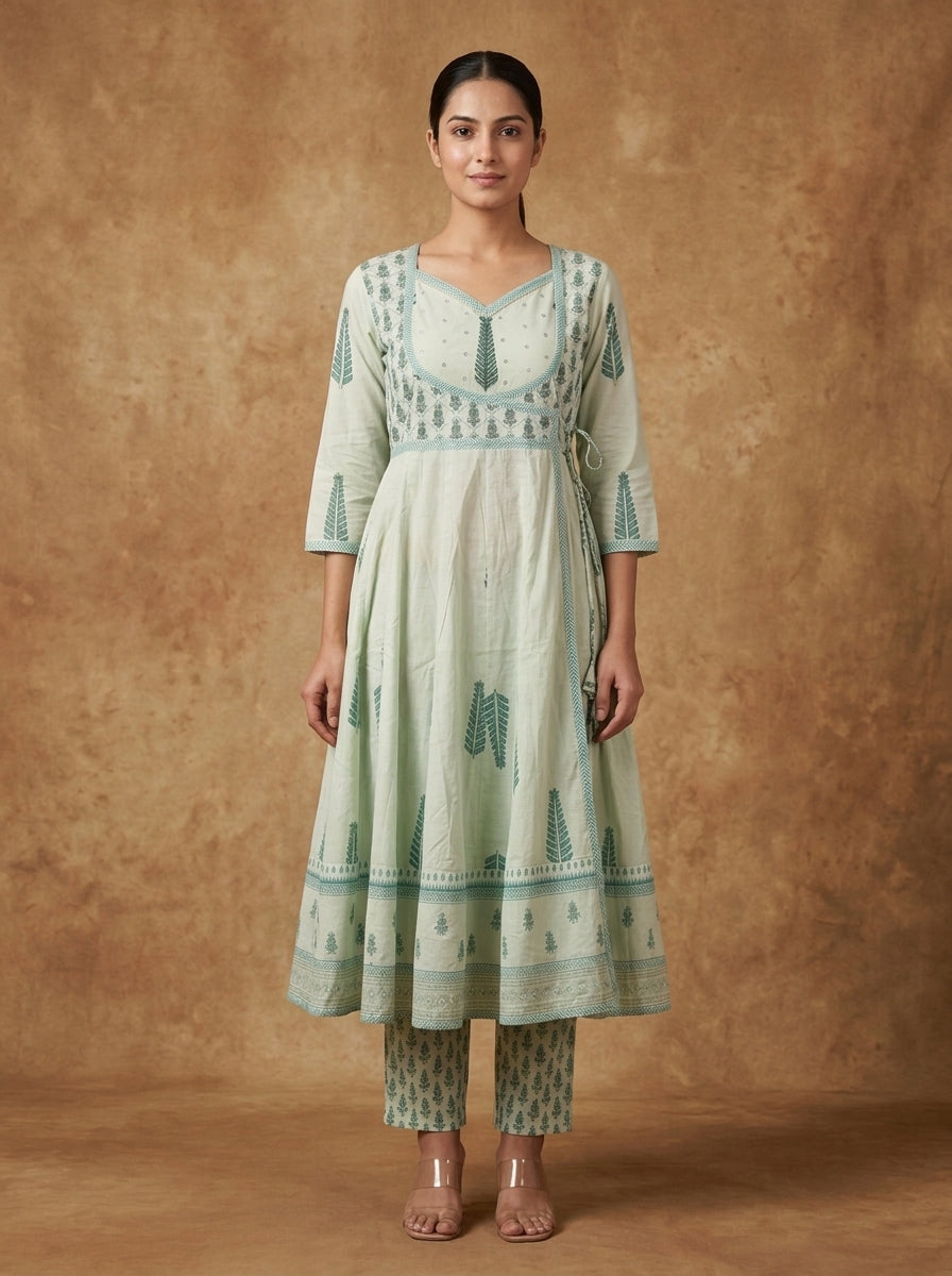 Pistachio Mint Floral Print Anarkali Suit Set