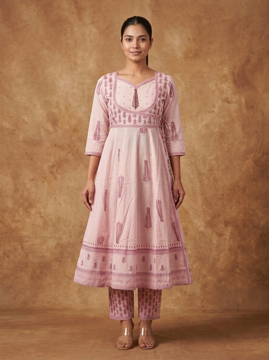 Light Pink Block Print Anarkali Suit Set | Women's Ethnic