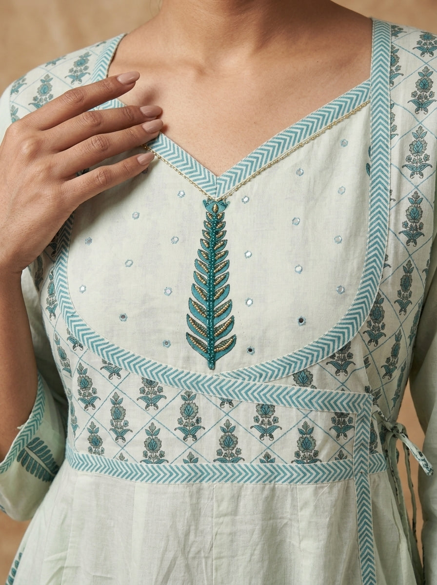 Pistachio Mint Floral Print Anarkali Suit Set