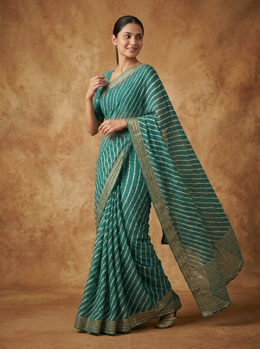 Teal Green Leheriya Modal Silk Saree for Women with Zari Border & Blouse Piece