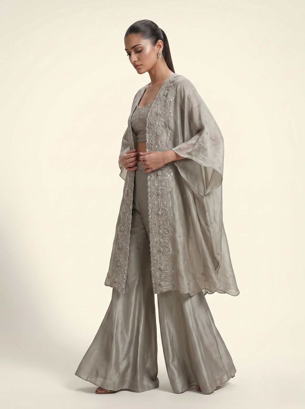 Silver Grey Italian Crepe Cape Set with Pearl Embroidered Crop Top & Palazzo