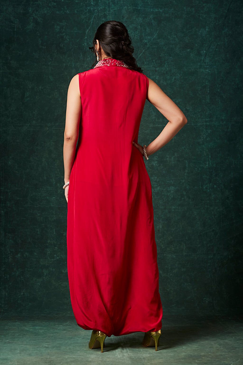 Ruby Red Moroccan Drape Jumpsuit with Beaded Neckline