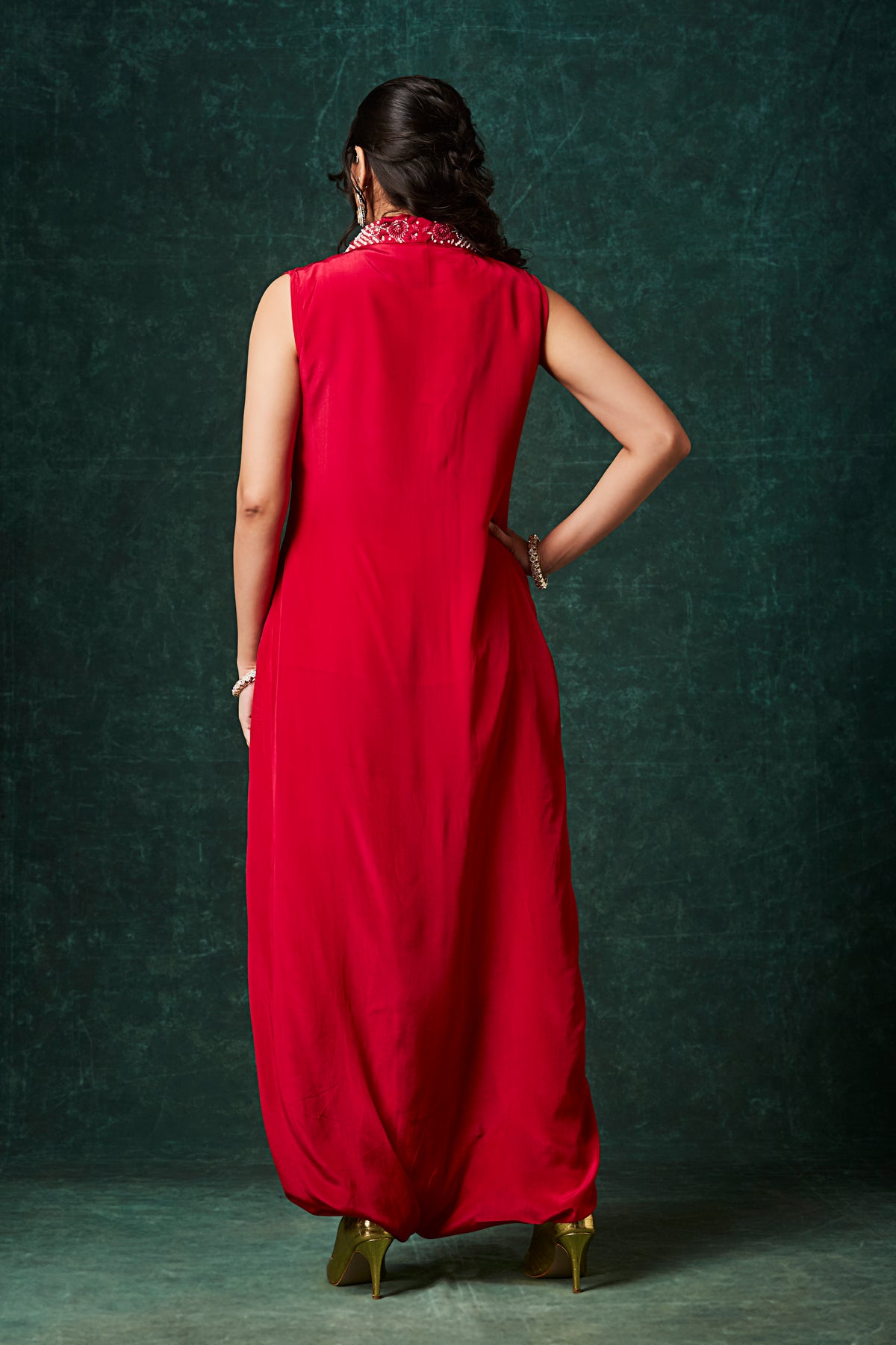 Ruby Red Moroccan Drape Jumpsuit with Beaded Neckline