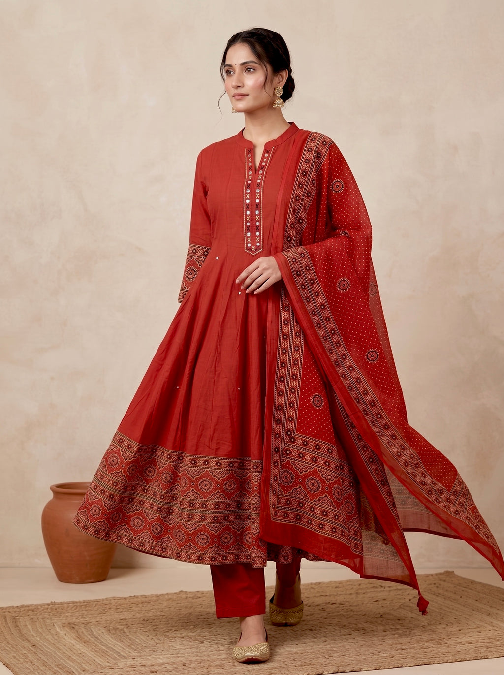 Rust Ajrakh Border Cotton Anarkali Set