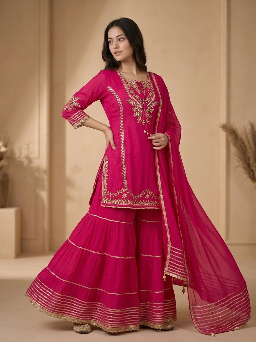 Rani Pink Gota Patti Embroidered Kurta Sharara Set with Dupatta