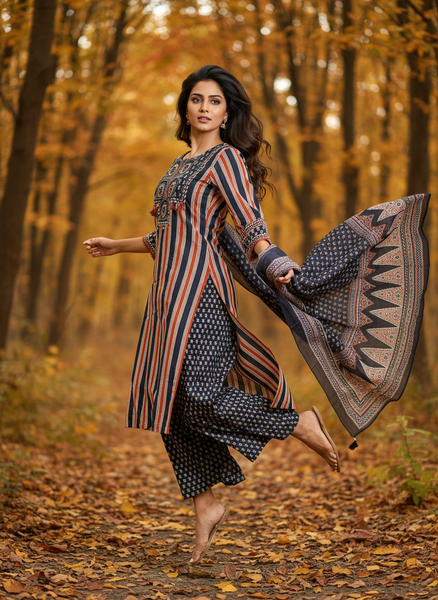 Indigo Rust Striped Cotton Kurta Set for Women – Daily Wear Palazzo Suit