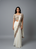 Cream Silk Saree with Heavy Embroidered Short-Sleeve Blouse