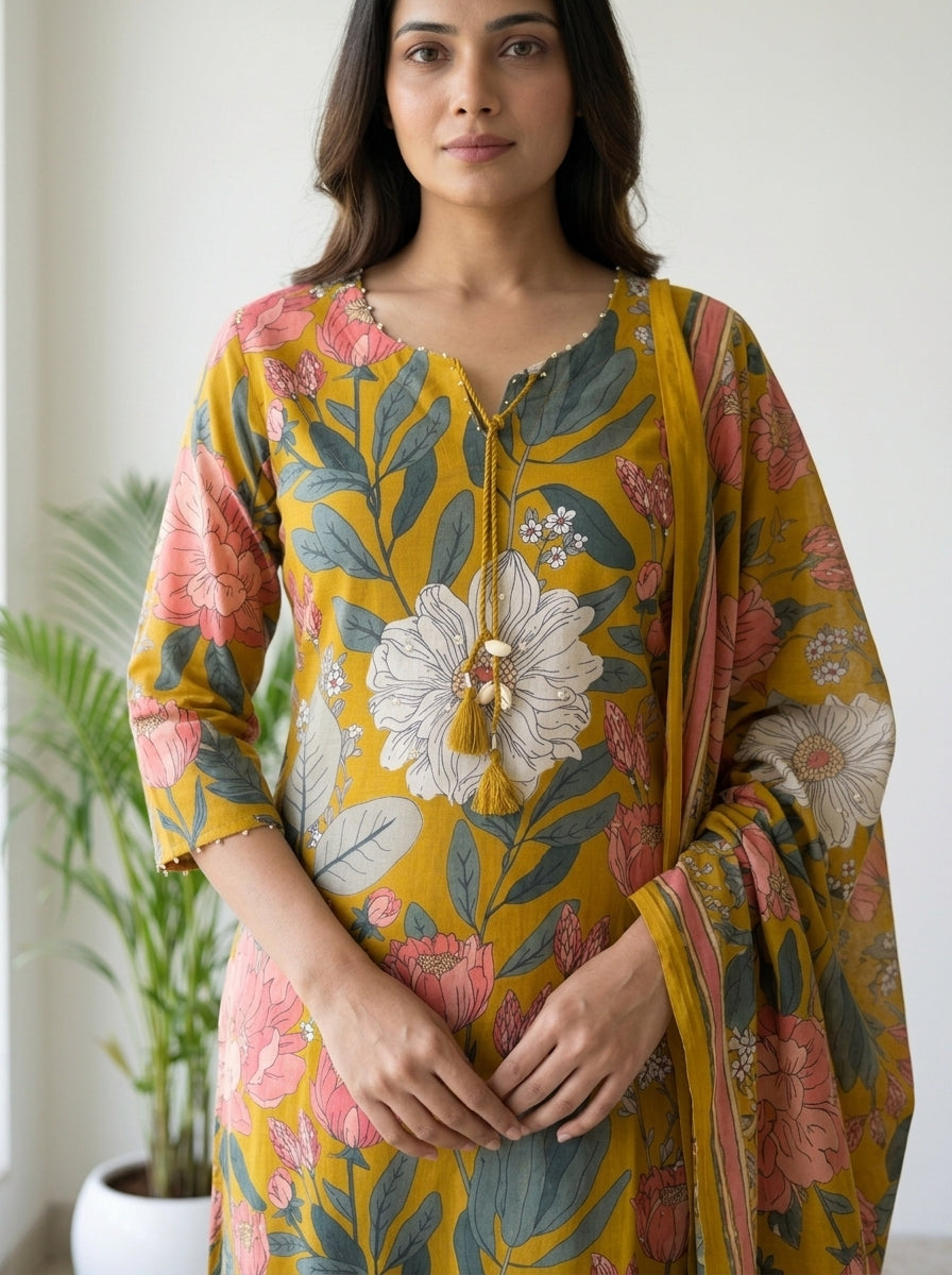 Mustard Floral Print Cotton Kurta Pant Set with Dupatta