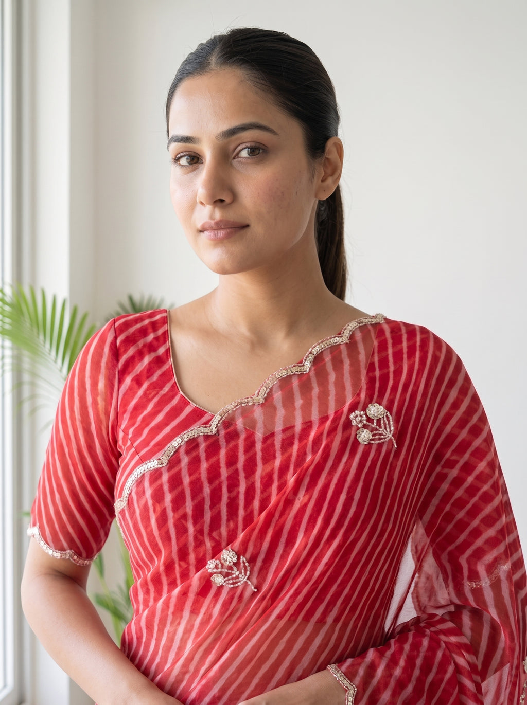 Red Leheriya Georgette Saree with Pearl Work & Blouse Piece