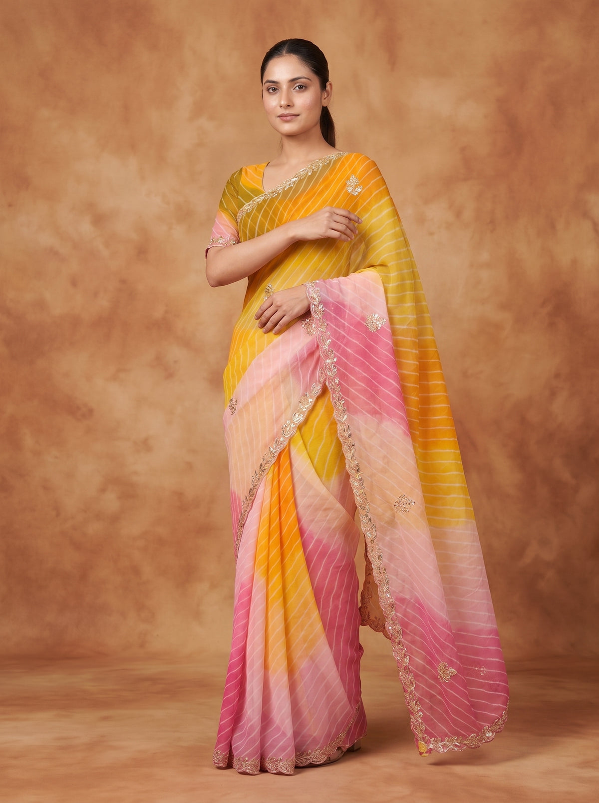 Yellow & Pink Leheriya Georgette Saree with Kat Dana Work & Blouse Piece
