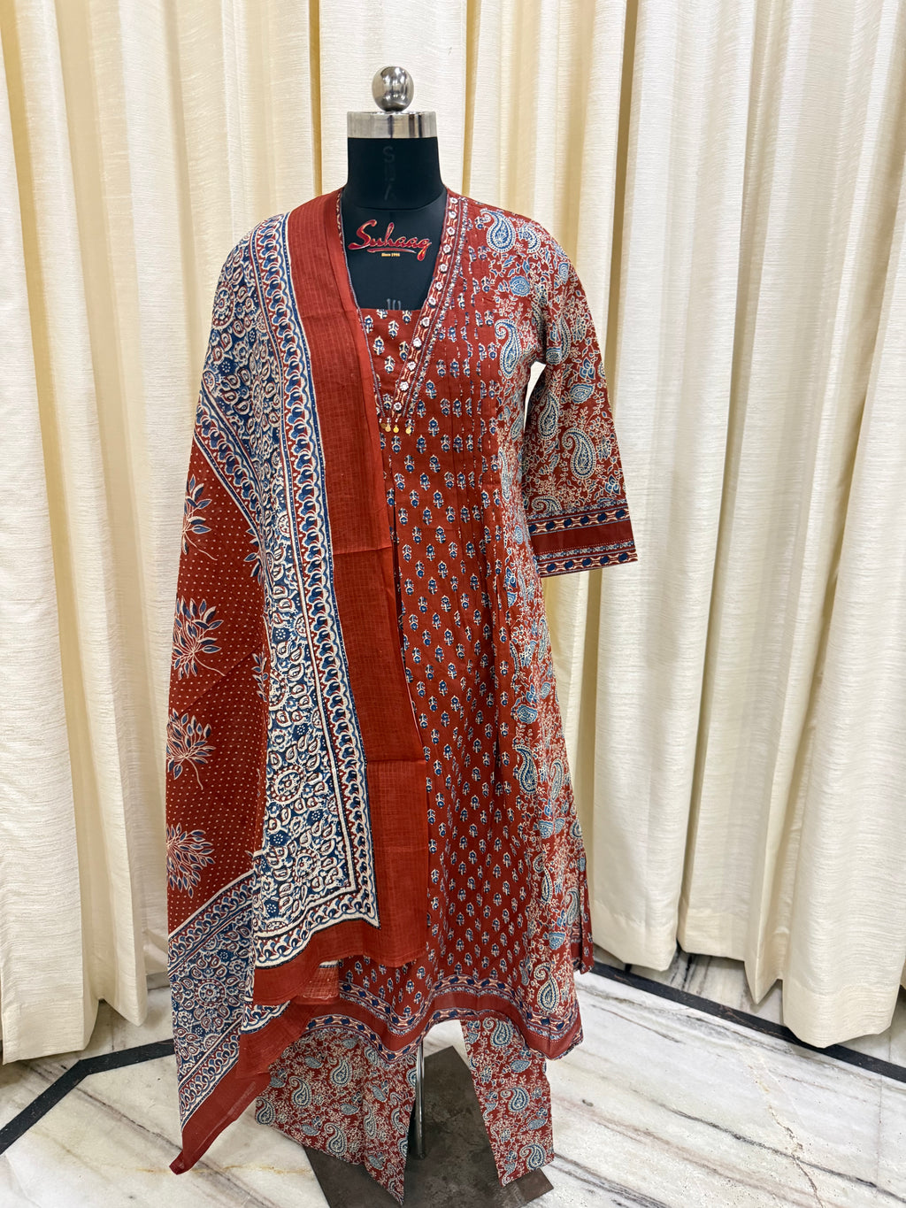 Rust and Indigo Ajrakh Cotton Kurta Set for Women – Block Print Ethnic Suit