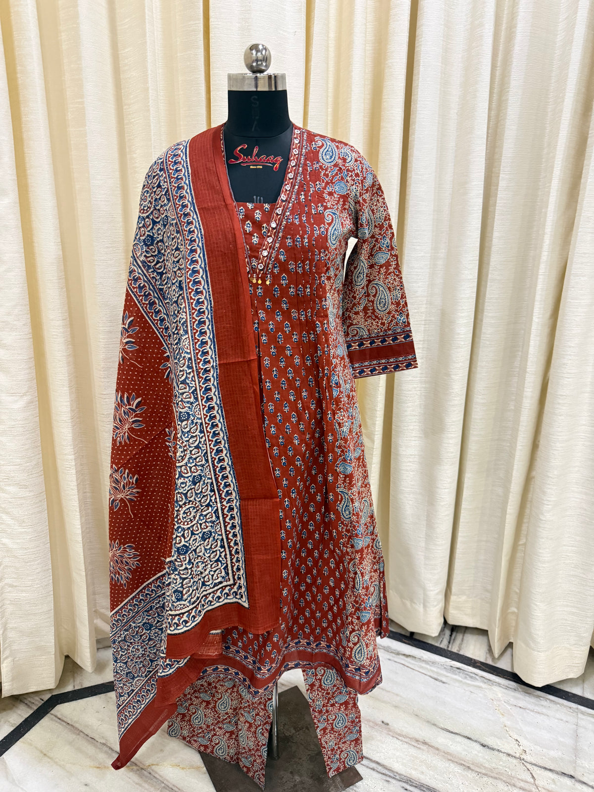 Rust and Indigo Ajrakh Cotton Kurta Set for Women – Block Print Ethnic Suit