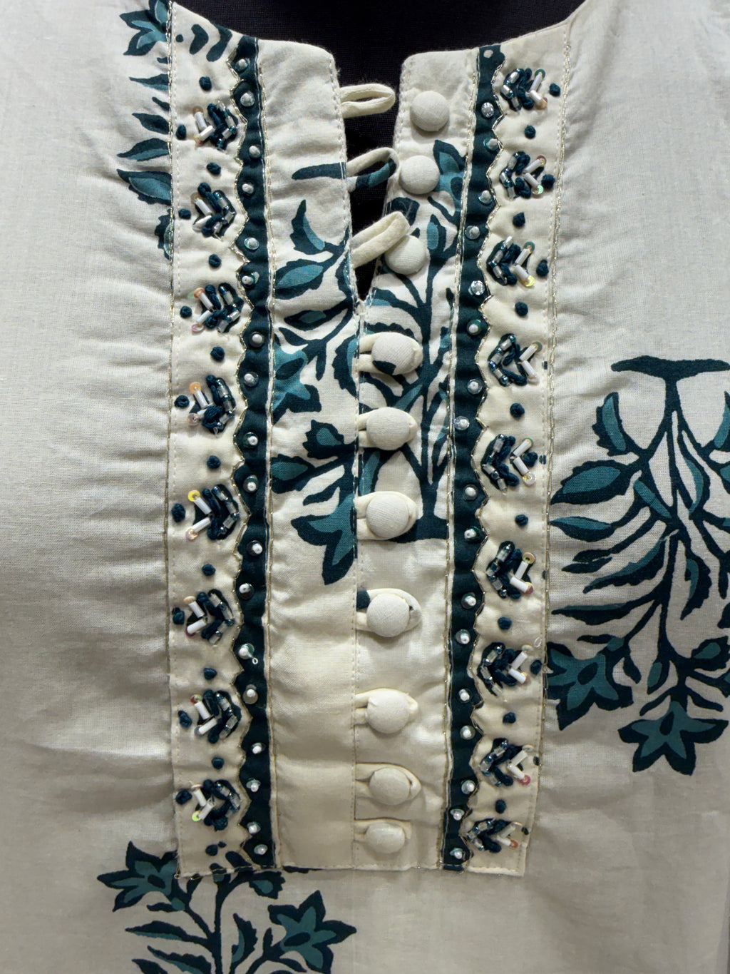Ivory Teal Block Print Cotton Kurta Set for Women – Straight Suit with Dupatta