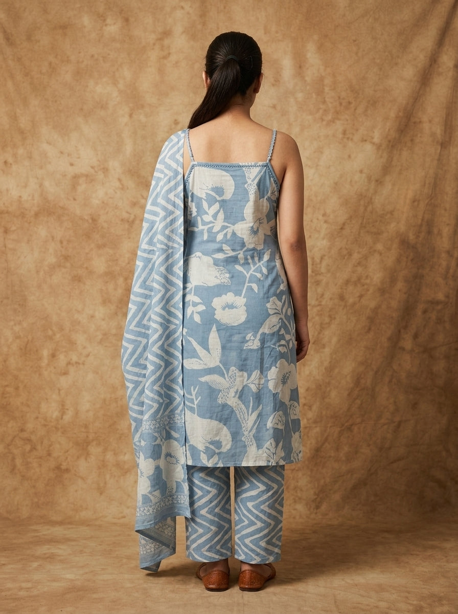 Blue Floral Print Cotton Sleeveless Kurta Set for Women – Straight Suit with Dupatta