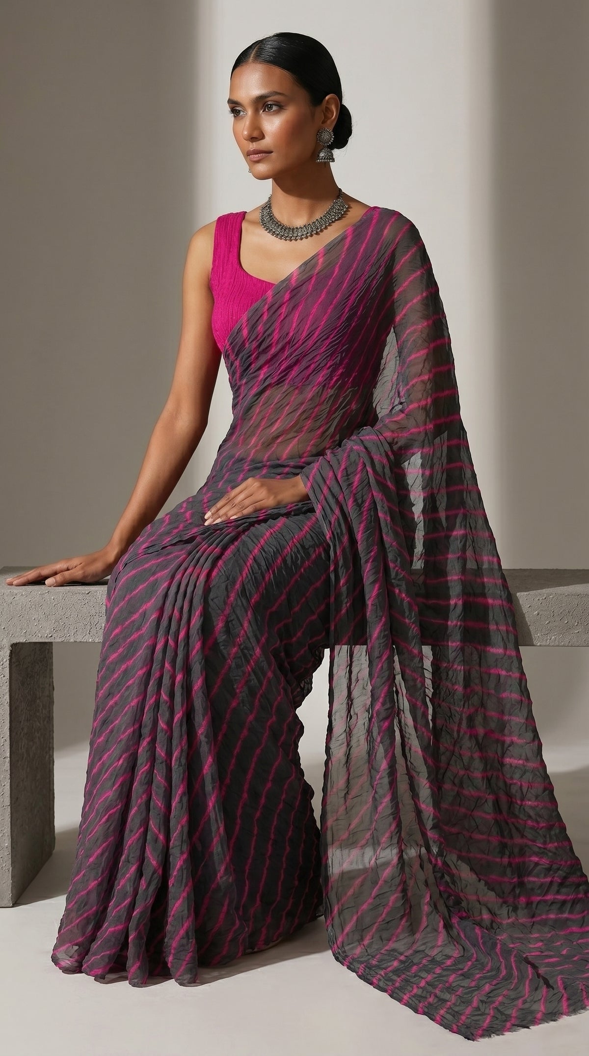 Grey & Pink Leheriya Georgette Saree with Blouse Piece