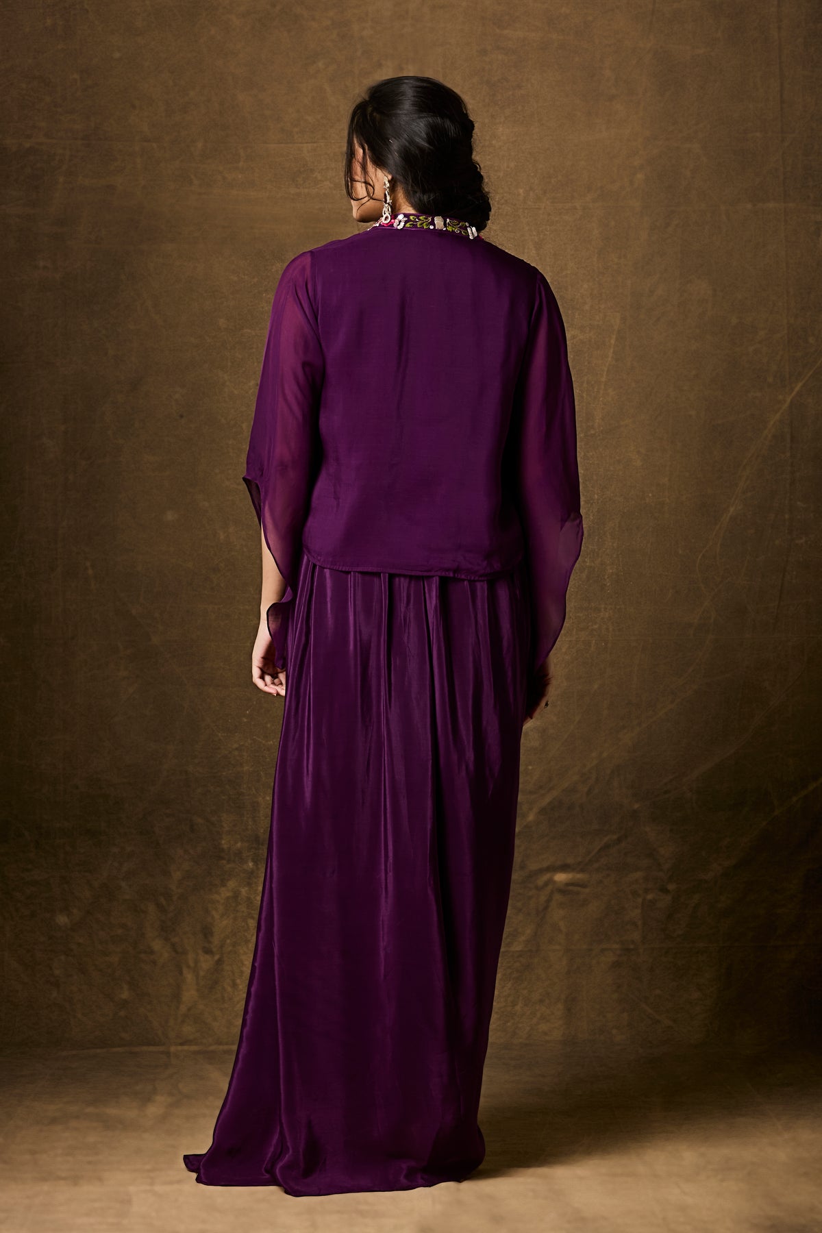 Purple Draped Skirt Set with Embroidered Jacket – Indo-Western Three-Piece