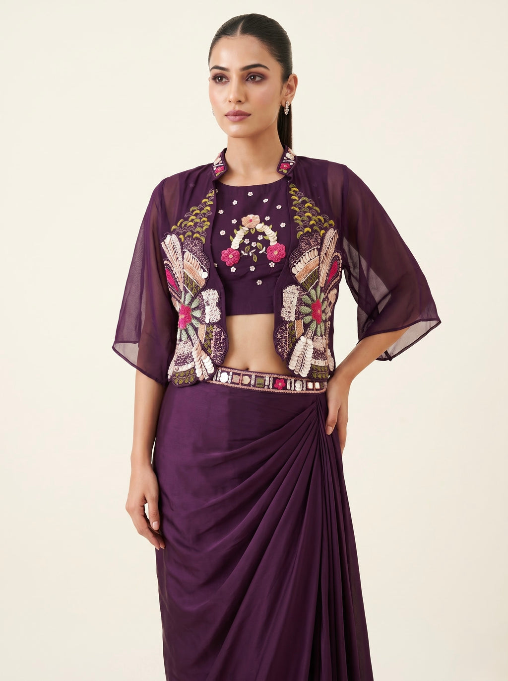 Purple Chinon Crepe Draped Skirt Set with Embroidered Crop Top & Cape Jacket