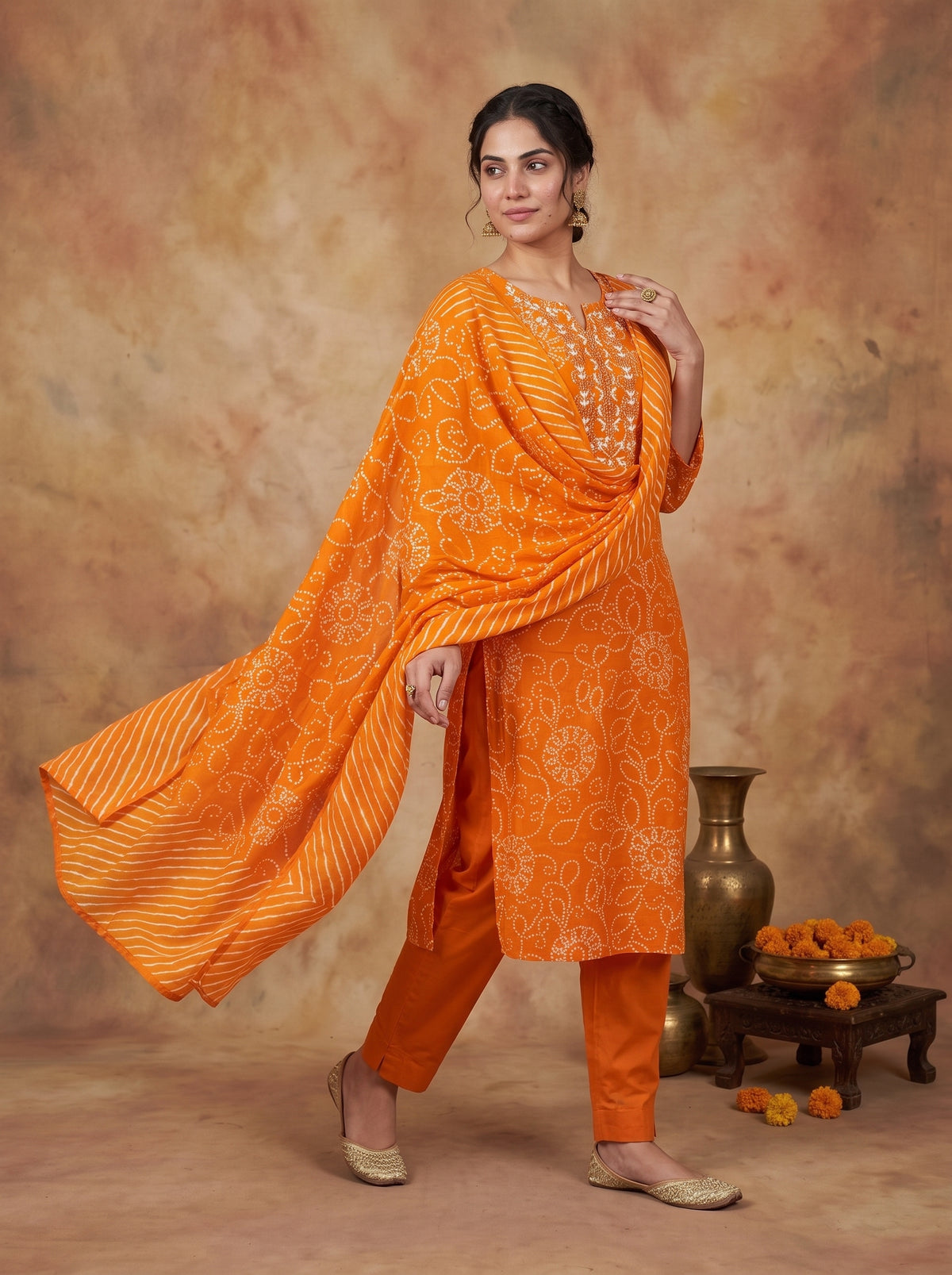Orange Bandhani Printed Pure Cotton Kurta Set